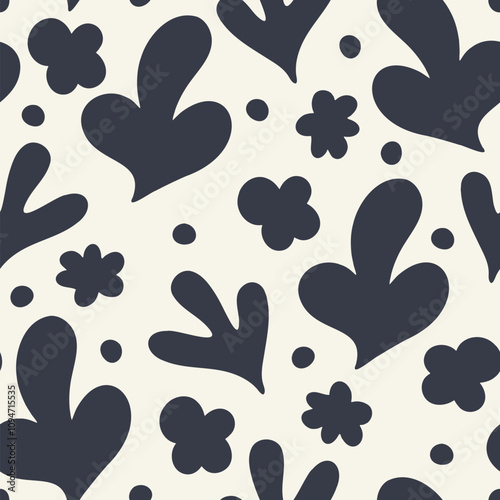 Hand drawn nature organic seamless pattern. Vector minimalistic groovy floral shapes print. Trendy abstract naive monochrome background for wrapping paper, boho style design, fabric, textile, decor.