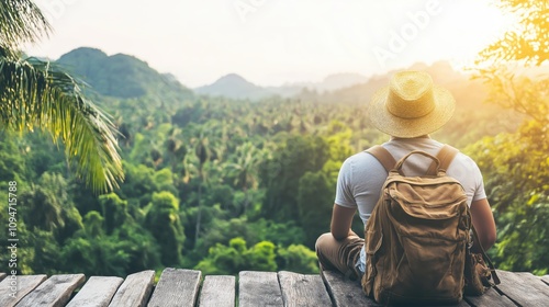 Male traveler in straw hat and backpack sitting on wooden deck overlooking lush tropical forest at sunset. Mindful solo adventure travel moment with mountain vista. 8k