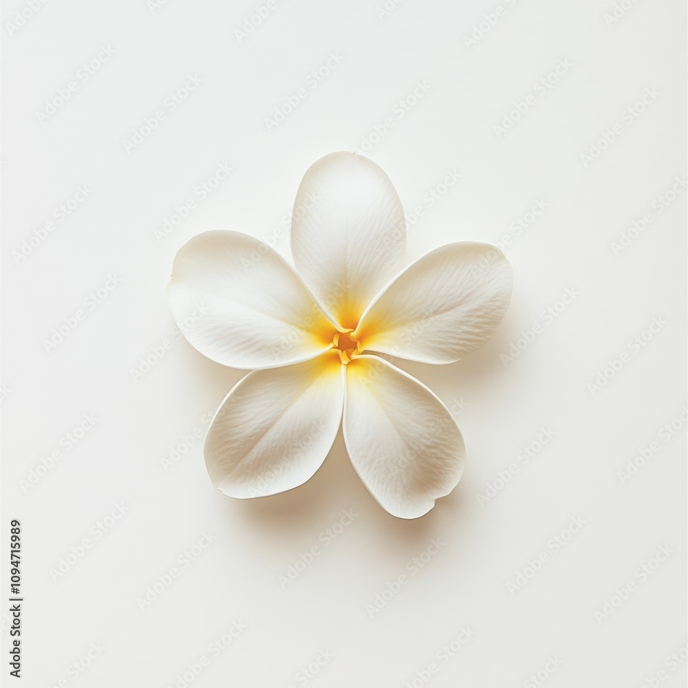 A single frangipani flower with five delicate white petals fading into a bright yellow center isolated on a white background A single frangipani flower with five delicate white petals fading into a bright yellow center isolated on a white background