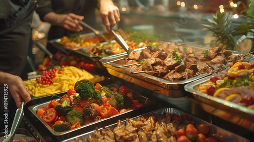 A buffet spread featuring various dishes including meats, vegetables, and pasta, served in a vibrant setting.