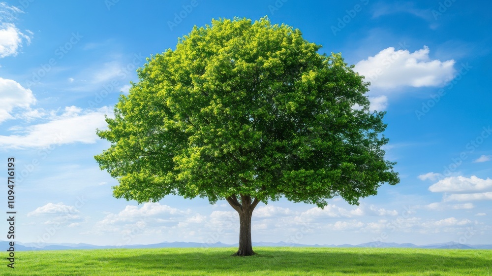 Lush Green Tree with Vibrant Foliage Standing Alone Against a Clear Blue Sky and Rolling Hills in a Peaceful Landscape Setting Lush Green Tree with Vibrant Foliage Standing Alone Against a Clear Blue Sky and Rolling Hills in a Peaceful Landscape Setting