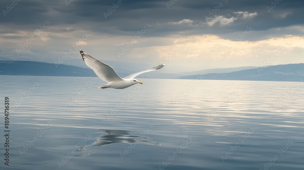 Majestic Seagull in Flight Over Calm Waters Under Dramatic Cloudy Sky, Capturing the Essence of Freedom and Nature's Beauty at Dusk Majestic Seagull in Flight Over Calm Waters Under Dramatic Cloudy Sky, Capturing the Essence of Freedom and Nature's Beauty at Dusk