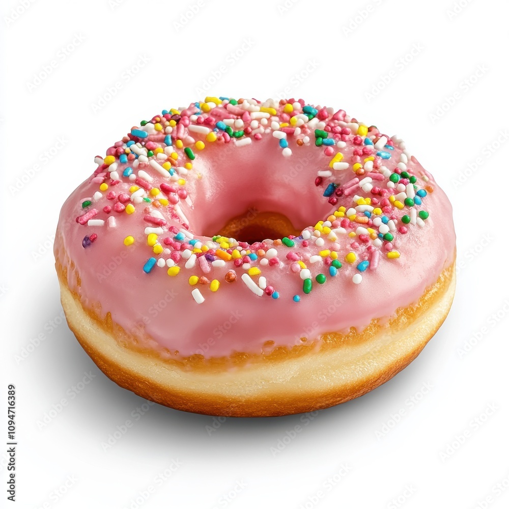 A single round donut covered in glossy pink frosting and topped with colorful sprinkles isolated on a white background A single round donut covered in glossy pink frosting and topped with colorful sprinkles isolated on a white background