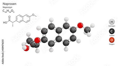 Molecule: Naproxen. Anti-inflammatory drug. Molecular structure. Formula: C14H14O3. Chemical model: Ball and stick. White background. 3D illustration. photo