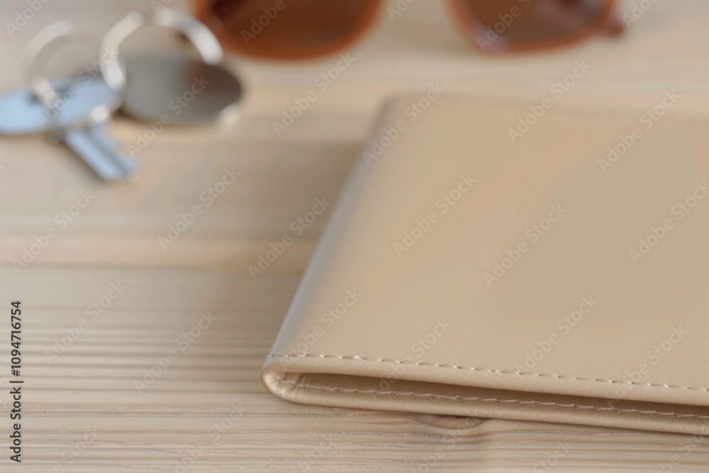 Minimalist beige wallet on wooden surface with sunglasses and keys Minimalist beige wallet on wooden surface with sunglasses and keys