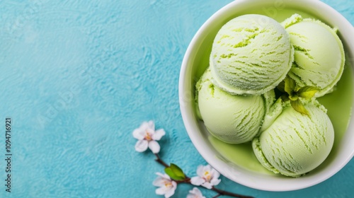 Bowl of green ice cream with decorative flowers. photo