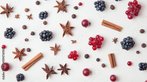 Aromatic spices and berries arranged on a white background, AI photo