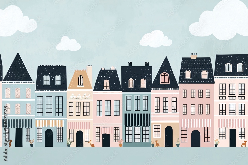 Fototapeta premium Charming row of colorful houses urban setting digital illustration cozy environment eye-level view whimsical design for home decor