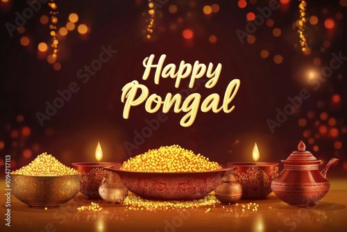 Happy pongal festival celebration with traditional decorations and lights photo