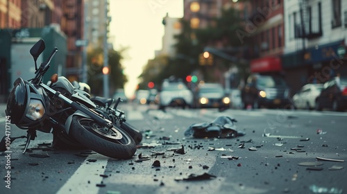 Urban motorcycle accident scene with debris on city street