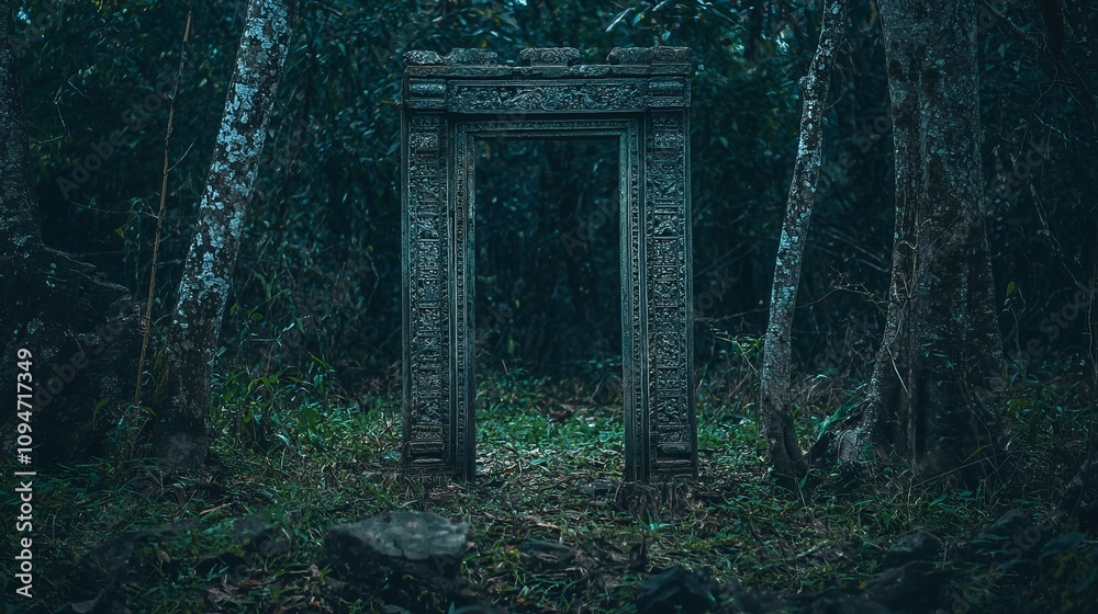 Fototapeta premium An Ancient Ornate Doorway in the Heart of a Dense Forest, Inviting Exploration and Symbolizing the Mystery of the Unknown