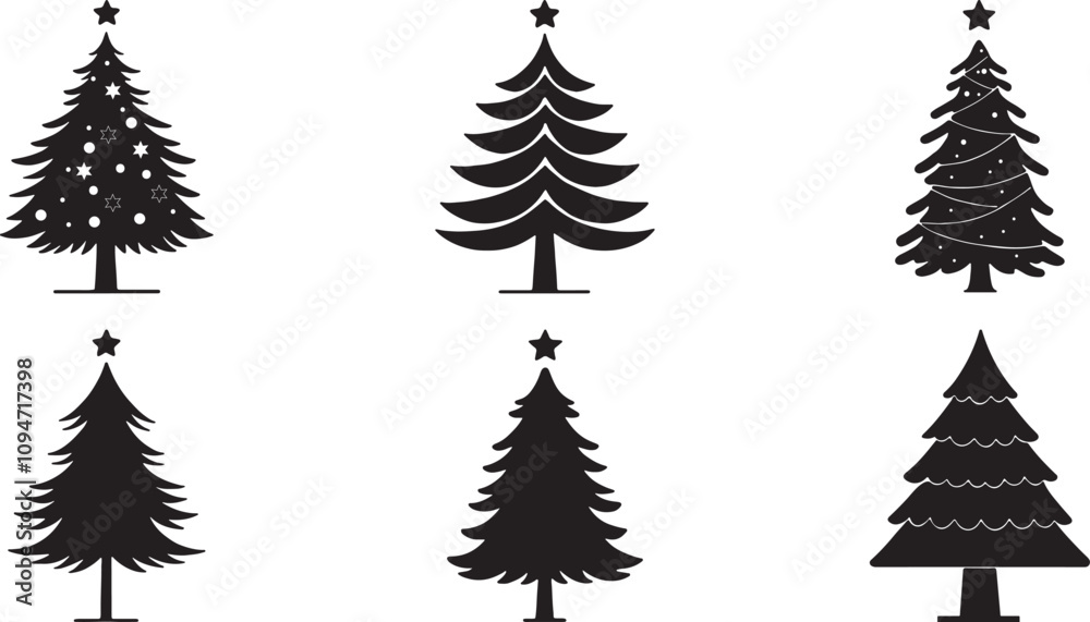 Obraz premium Black and white Christmas tree silhouette vector set. Christmas tree clipart and icons. Tree vector illustration on a white background.