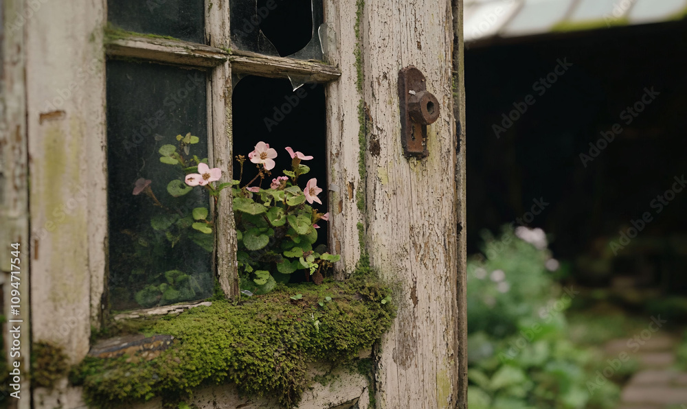Close-up of Weathered Wall and Window with Flowers Close-up of Weathered Wall and Window with Flowers
