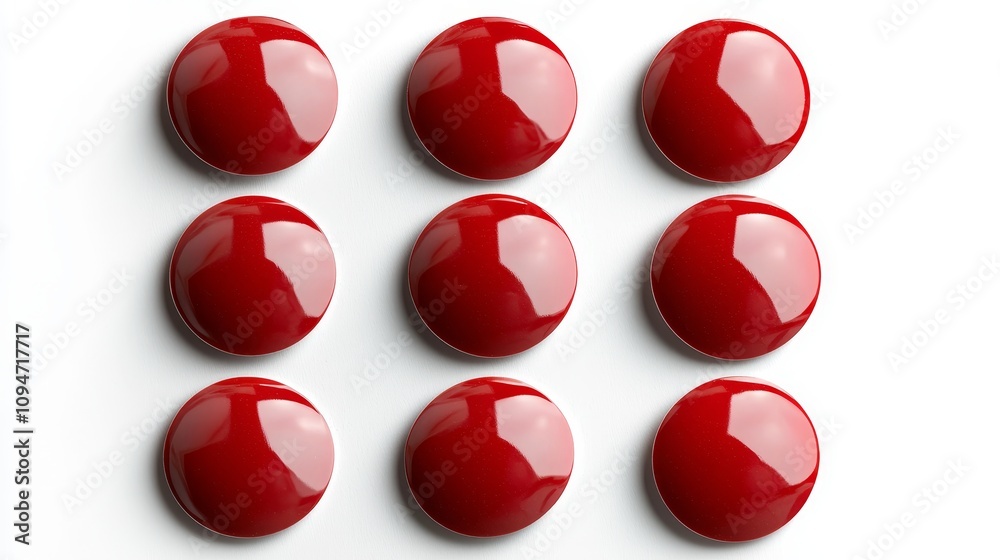 Arrangement of Glossy Red Circular Buttons on a White Background Displaying a Modern and Minimalist Aesthetic for Use in Design and Creative Projects Arrangement of Glossy Red Circular Buttons on a White Background Displaying a Modern and Minimalist Aesthetic for Use in Design and Creative Projects