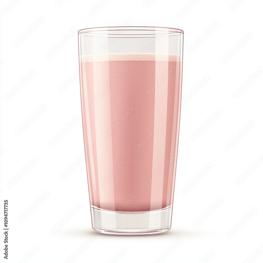 A tall clear glass filled with creamy pink strawberry milk isolated on a white background A tall clear glass filled with creamy pink strawberry milk isolated on a white background