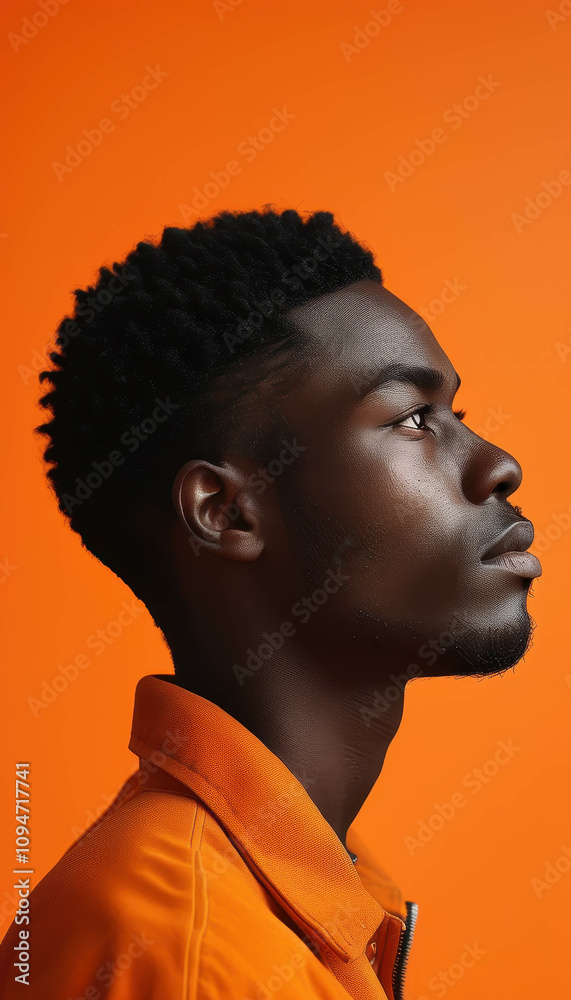 Photograph of a black man, profile view, against an orange background Photograph of a black man, profile view, against an orange background