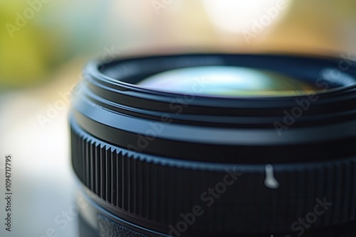 Close-up of a camera lens, showcasing its intricate details and professional quality. photo