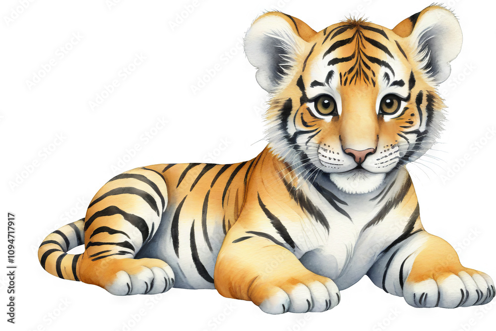 Cute tiger cub resting on white background with bright colors and detailed fur patterns in a playful pose Cute tiger cub resting on white background with bright colors and detailed fur patterns in a playful pose