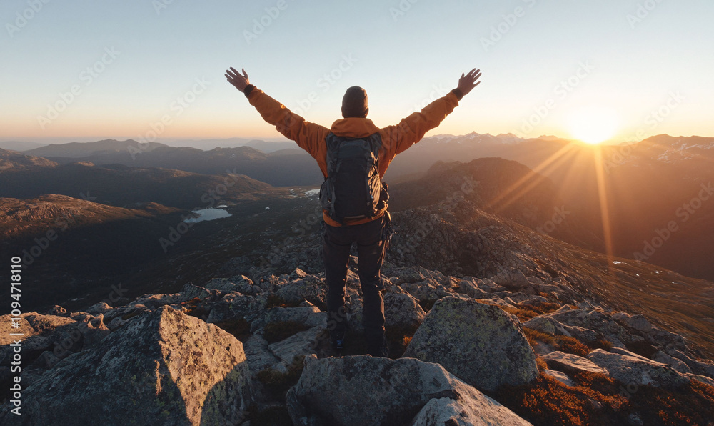 Hiker on a Mountain Peak at Sunrise Hiker on a Mountain Peak at Sunrise
