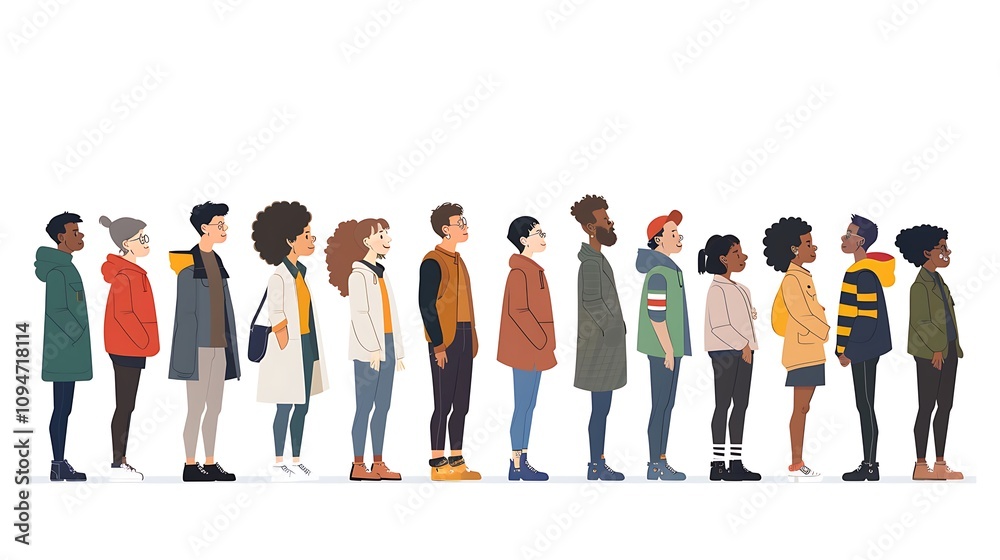 A diverse group of people standing in line, showcasing various styles and expressions. A diverse group of people standing in line, showcasing various styles and expressions.