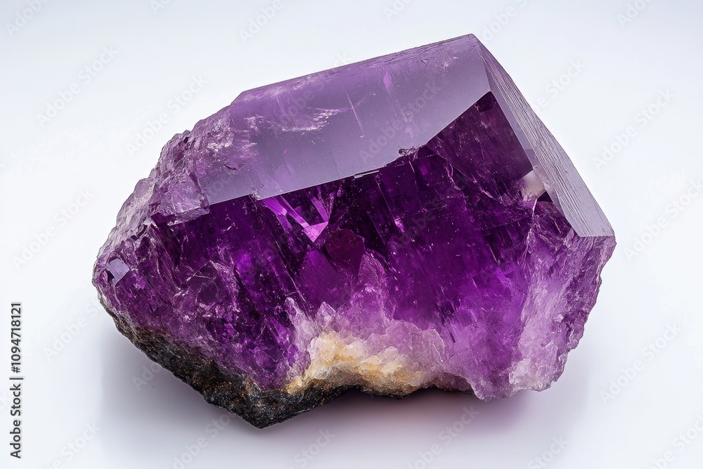 A high-quality amethyst crystal with deep purple tones, set against a contrasting light background to highlight its natural beauty