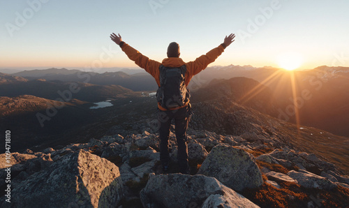 Hiker on a Mountain Peak at Sunrise photo