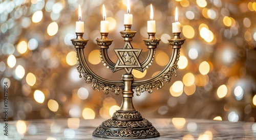 Elegant menorah with candles and star of David on bokeh background photo