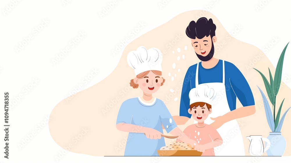 Family baking together: father, mother, and child enjoy cooking at home Family baking together: father, mother, and child enjoy cooking at home