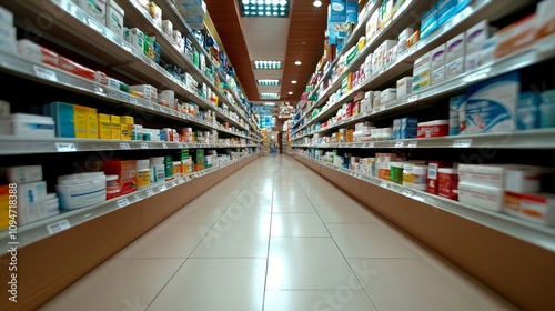 Wide-Angle View of a Brightly Lit Pharmacy Interior with Organized Shelves of Health Products and Medications Displayed Neatly Along the Aisles