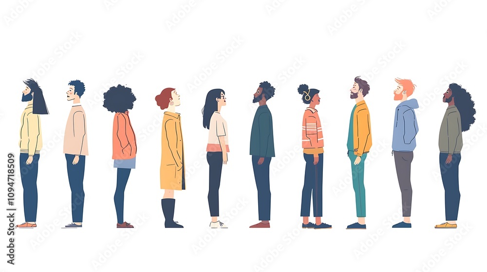 Fototapeta premium A diverse group of people in profile view, showcasing different hairstyles and outfits, emphasizing individuality and diversity.