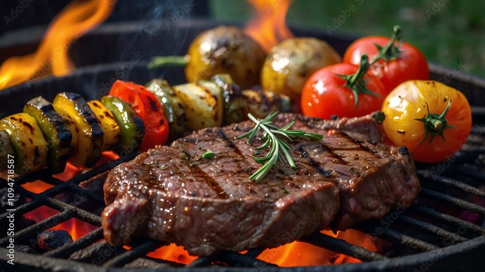 Meat on the grill, high quality steaks on the grill with osemary, salt and pepper and also grilled vegetables. Hot flames and smoke rising from the charcoal grill. Barbecue garden party. Home made. Meat on the grill, high quality steaks on the grill with osemary, salt and pepper and also grilled vegetables. Hot flames and smoke rising from the charcoal grill. Barbecue garden party. Home made.