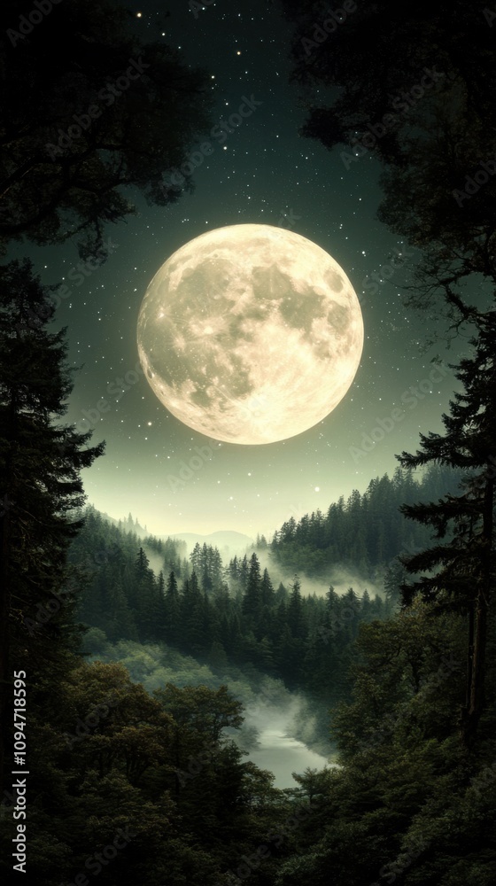Majestic full moon illuminates a serene forest landscape at night, AI Majestic full moon illuminates a serene forest landscape at night, AI