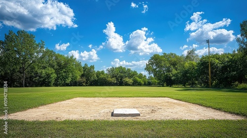 Baseball diamond with bases, pitcher's mound, and outfield, ready for a game to start
