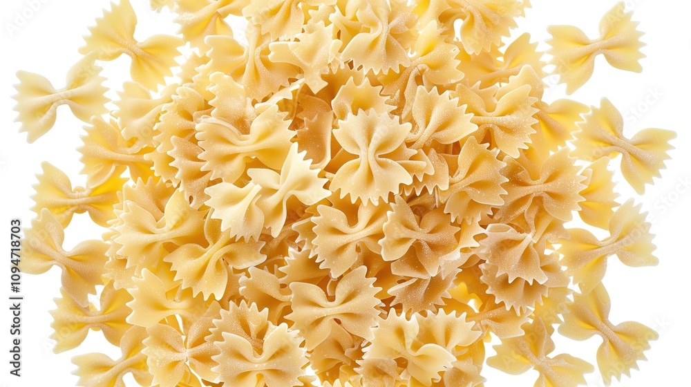 Obraz premium Farfalle Pasta Isolated on White Background - A Captivating Display of Culinary Delight. The Graceful Farfalle Pasta, with Its Distinctive Bow - like Shape, Standing Alone Against the Purity of White.