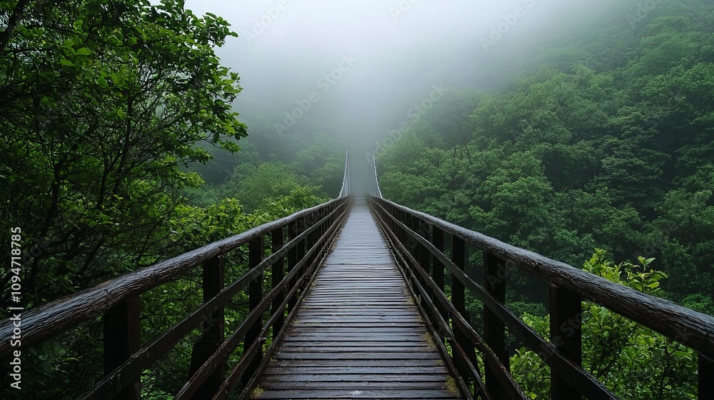 An Ethereal, Fog-Covered Bridge Linking Two Mystical Landscapes: Lush Greenery on One Side, Rocky Barrenness on the Other, Symbolizing the Journey Between Realms