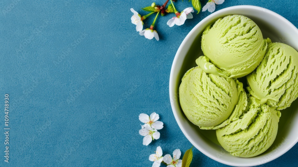 Bowl of green ice cream with flowers on a blue surface. Bowl of green ice cream with flowers on a blue surface.