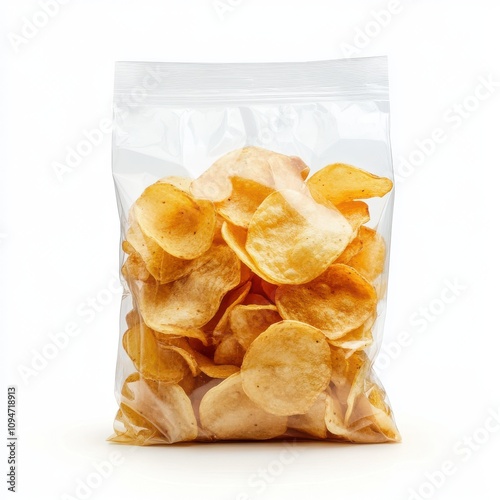 A transparent plastic bag filled with crispy golden chips sealed and showing a full view of the contents isolated on a white background photo