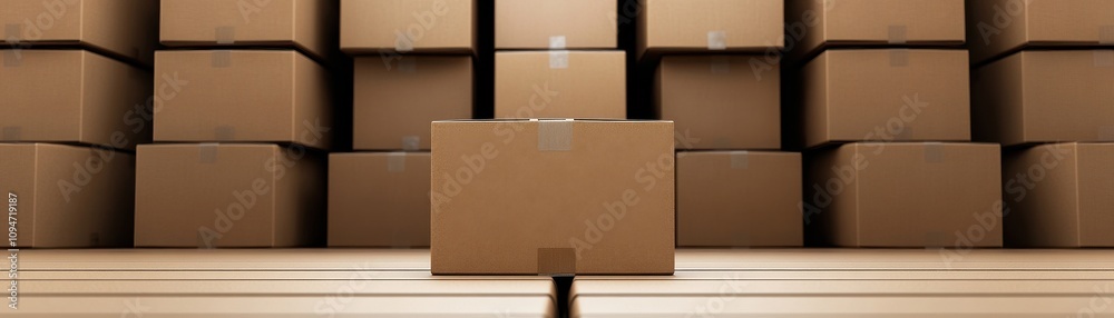 Fototapeta premium A row of stacked cardboard boxes with one prominently placed in the foreground, creating a sense of storage or shipping context.