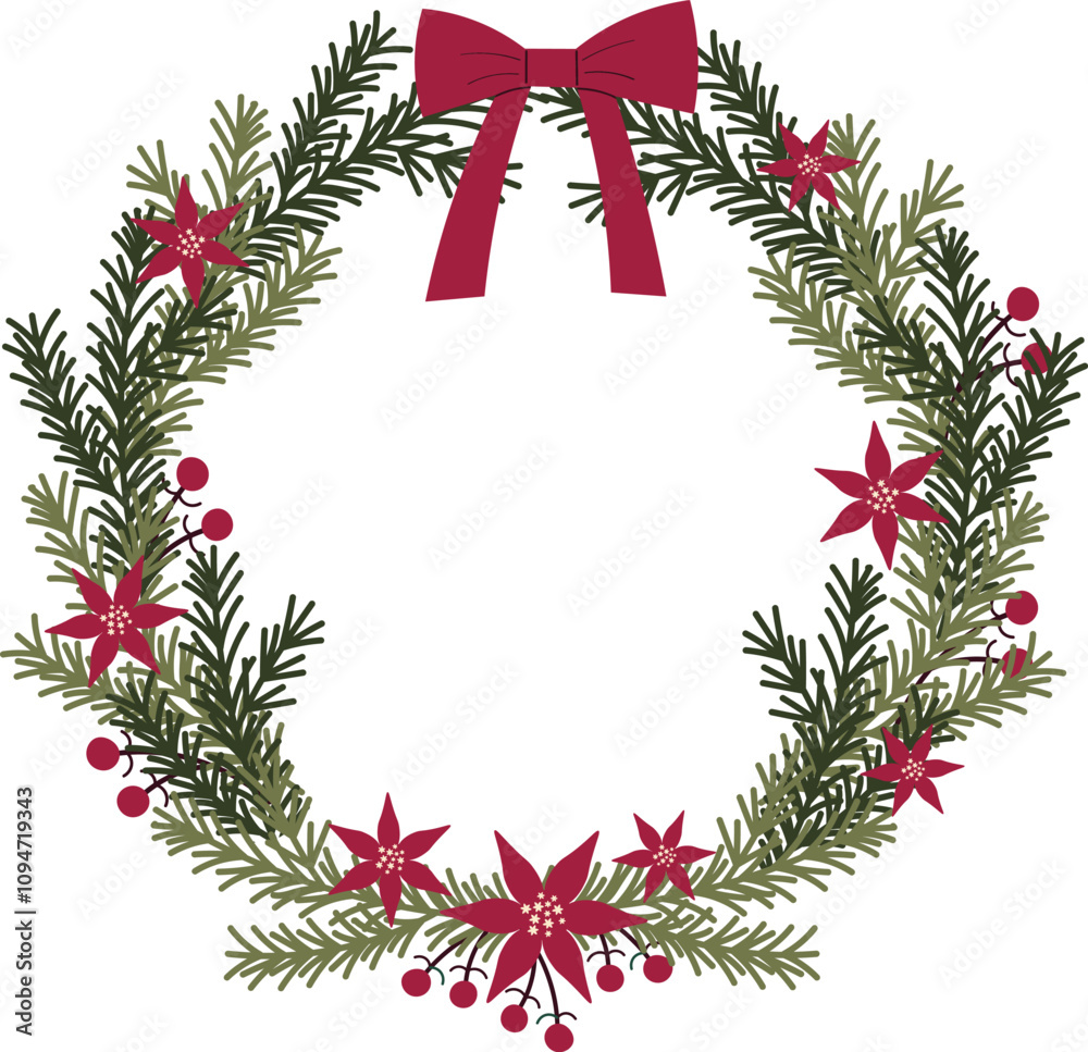 Vector Xmas frame with coniferous branches, red winter flowers Poinsettia. Hand drawn colourful festive border with winter plants for text. For flyer, greetings, invitations, New Year, Christmas Vector Xmas frame with coniferous branches, red winter flowers Poinsettia. Hand drawn colourful festive border with winter plants for text. For flyer, greetings, invitations, New Year, Christmas