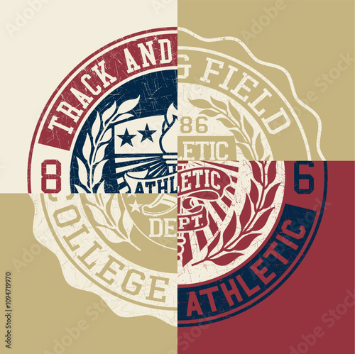College athletic department track and field badge patchwork vintage athletic vector boy t shirt grunge effect in separate layer