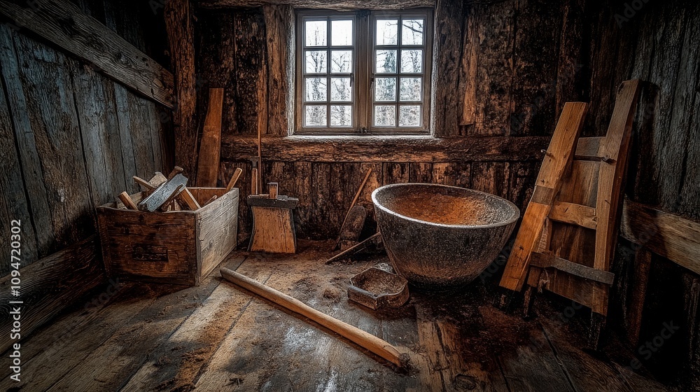 A Dusty and Abandoned Room with a Window and a Large Metal Tub
