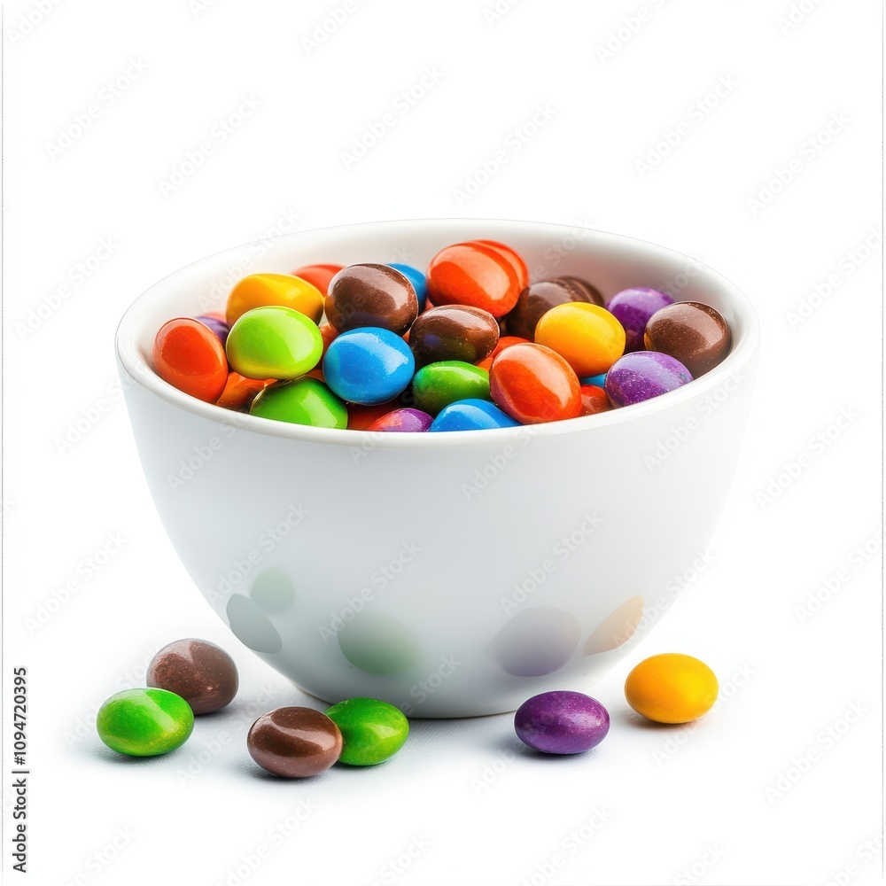A white ceramic bowl filled with vibrant candy-coated chocolates in various colors isolated on a white background A white ceramic bowl filled with vibrant candy-coated chocolates in various colors isolated on a white background