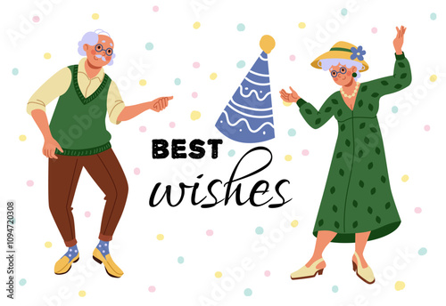Senior people. Best friends. Birthday celebration party. Old woman and man. Elderly persons dancing together. Holiday hat. Retired persons fun. Happy grandparents disco. Vector festive greeting card