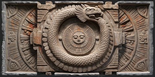 Ancient Mayan Stone Carving with Sun God Dragon Relief photo