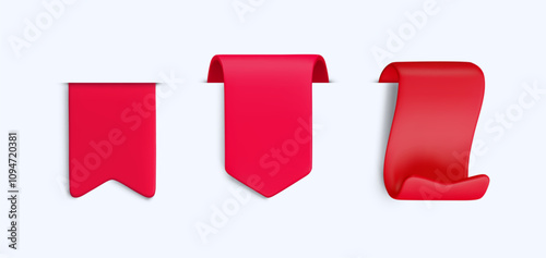 Vector Realistic 3d Red bookmark ribbons set. Vintage design element, arrow sticker with shadow on grey background. Cartoon 3d folded ribbon tag collection for sale banner, price tag, game, label, app