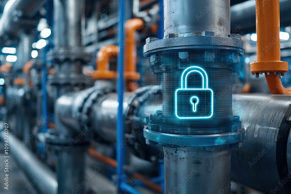 anti tracking security industry concept, A modern industrial setting showcasing pipes with a digital lock symbol, representing cybersecurity in infrastructure. anti tracking security industry concept, A modern industrial setting showcasing pipes with a digital lock symbol, representing cybersecurity in infrastructure.
