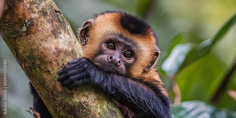 Fototapeta premium A brown capuchin monkey sat in a tree in Peru's Tambopata National Reserve.