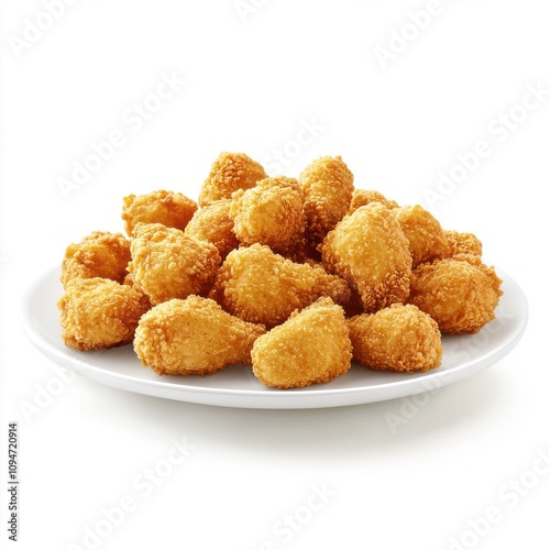 A white plate piled high with crispy golden-brown fried chicken drumsticks isolated on a white background