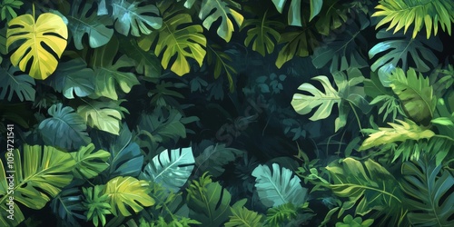 Fototapeta Naklejka Na Ścianę i Meble -  A cartoon picture of jungle vines and leaves makes a frame.  It shows tropical plants like ivy and monstera.