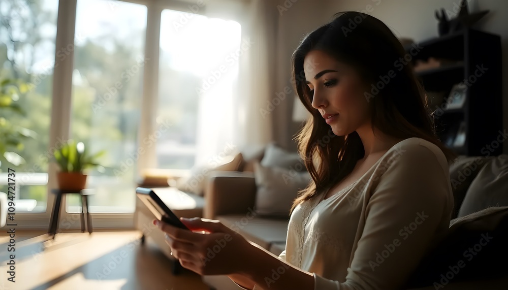 woman relaxing at home using tablet woman relaxing at home using tablet